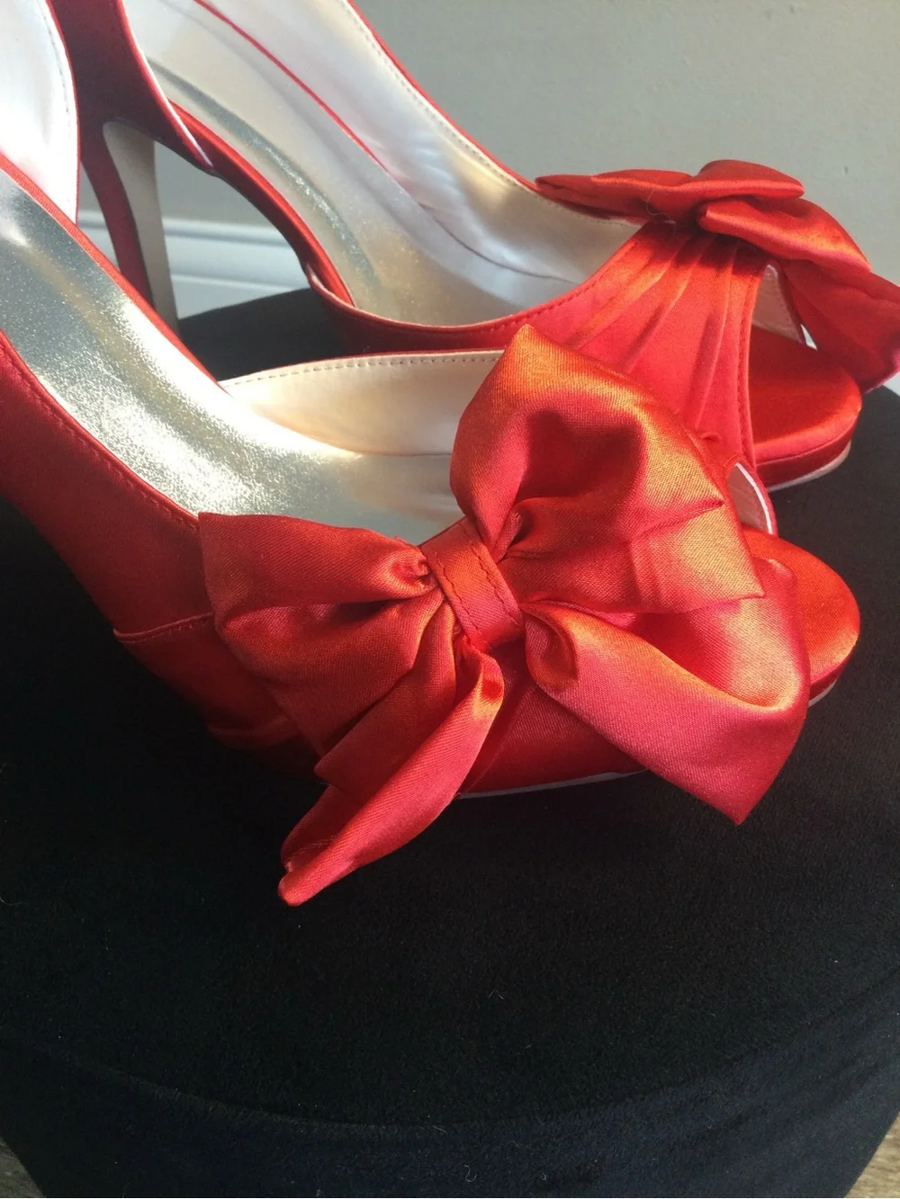 Satin Bow Peep-Toe Heels in Red